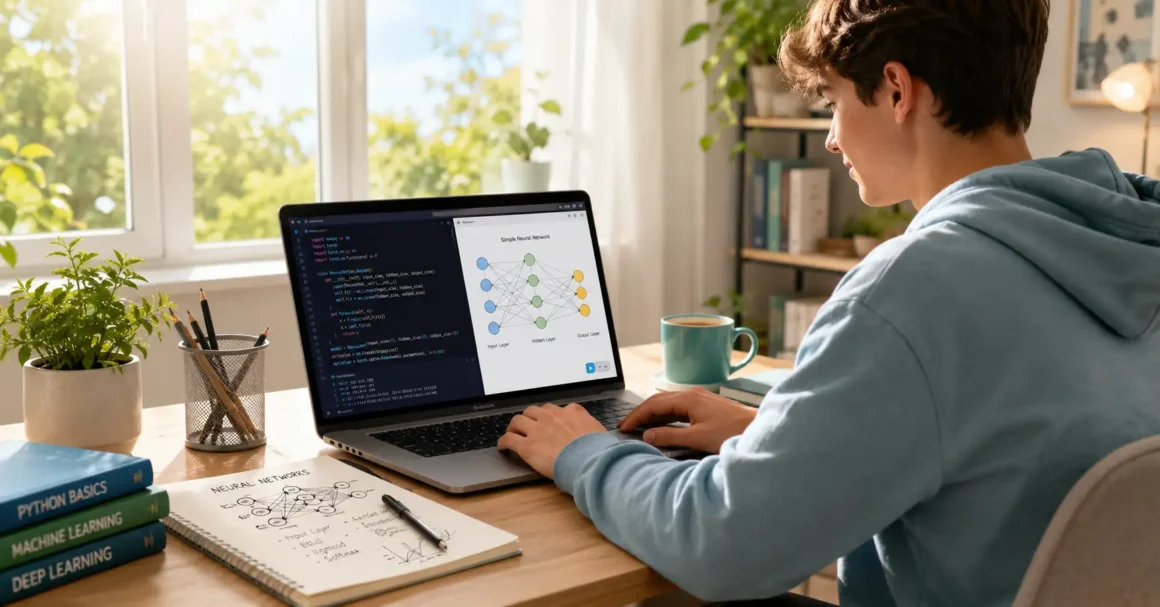 How to learn AI beginner guide showing a person at a laptop with Python code and neural network diagram on screen representing an AI learning roadmap in 2026
