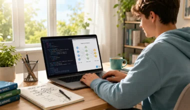 How to learn AI beginner guide showing a person at a laptop with Python code and neural network diagram on screen representing an AI learning roadmap in 2026