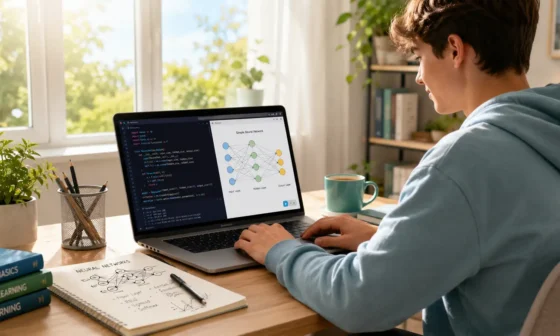 How to learn AI beginner guide showing a person at a laptop with Python code and neural network diagram on screen representing an AI learning roadmap in 2026